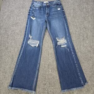 Kancan Jeans Womens 28 Blue Wide Leg Distressed Button Fly Raw Hem